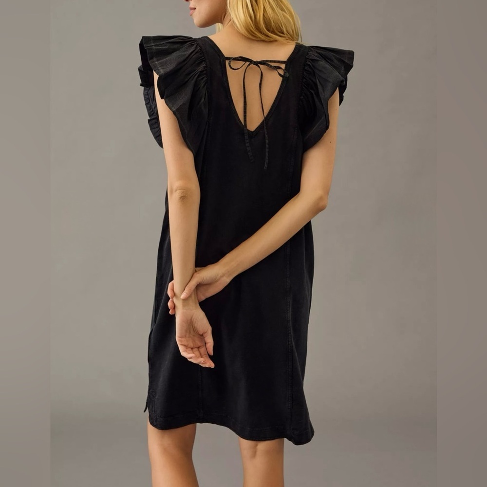 Anthropologie Black Ruffle-Sleeve Mini Dress